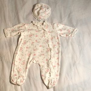 Newborn- Floral print footed one piece and hat